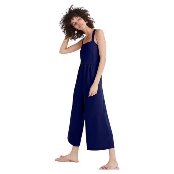 Madewell Pants - Madewell Jumpsuit Womens Size 2 Navy Blue Smocked Button-Front Wide Leg Cropped